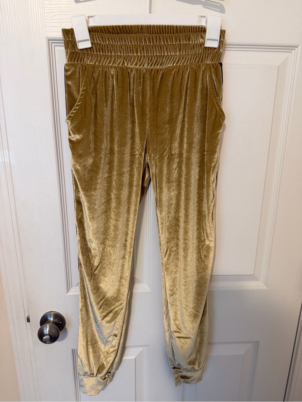 Portobello Punk Velvet Jogger Pants in Mustard Gold with Red/Green Stripes